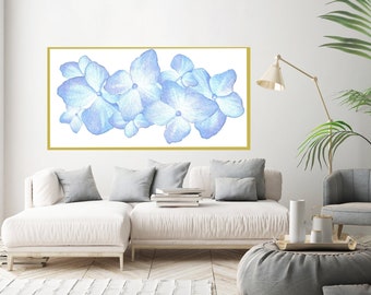 Hydrangea Flower Printable - Huge Size 20 by 40 inches Poster - Watercolor Blue Spring Flowers