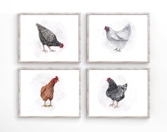 Farmhouse Chicken Watercolor Printables (Set of 4) - Instant Download Art - Watercolor Paintings - Farmhouse Home Decor - Chicken JPG