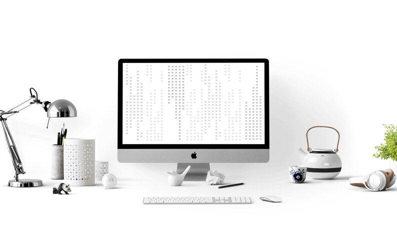 May include: A white desktop computer with a blank screen, a white keyboard, a white mouse, a white lamp, a white ceramic pencil holder, a white ceramic teapot, a white ceramic cup, a panda figurine, a white ceramic bird figurine, a crumpled piece of paper, and a black pen on a white desk.