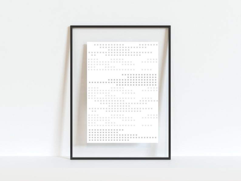 May include: A black framed poster with a white background and a pattern of small grey squares.