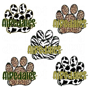 May include: Four paw print designs featuring the word "Airedales" in gold text. The paw prints are in different animal print patterns: cow, leopard, zebra, and cheetah.