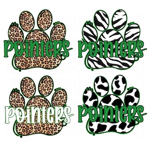 May include: Four paw prints with different animal print designs. Each paw print has the word "pointers" written in green text.