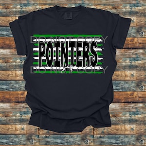 May include: A navy blue t-shirt with the word "POINTERS" in large, bold, black letters. The text is set against a background of green and white horizontal stripes. A small graphic of a person is below the text.