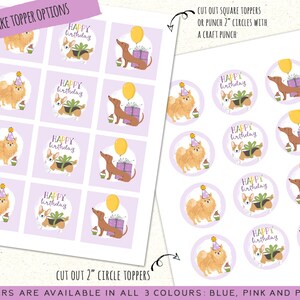 May include: Printable cupcake toppers featuring a variety of dog breeds wearing party hats and holding gifts. The toppers are available in blue, pink, and purple and can be cut out as squares or 2-inch circles.