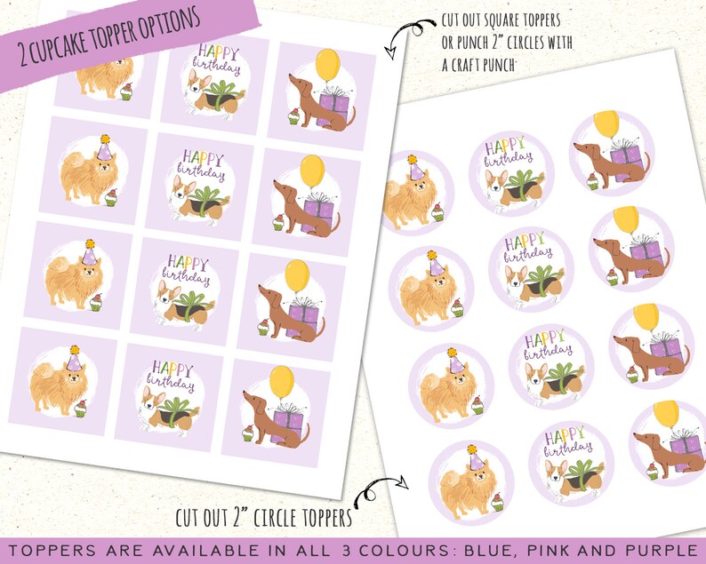 May include: Printable cupcake toppers featuring a variety of dog breeds wearing party hats and holding gifts. The toppers are available in blue, pink, and purple and can be cut out as squares or 2-inch circles.