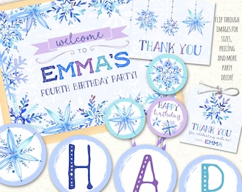 Decorazioni stampabili per feste a tema Frozen, inviti a tema Frozen, striscioni a tema Frozen, decorazioni per compleanni invernali, decorazioni a tema fiocco di neve per compleanni, feste a tema Frozen