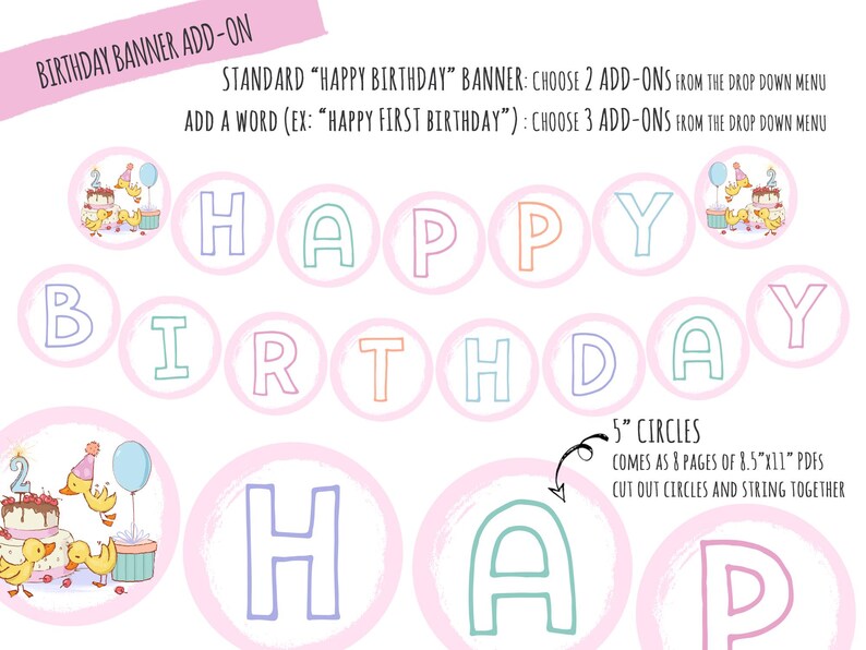 Pu&ograve; includere: Uno striscione di compleanno stampabile con cerchi rosa e lettere colorate che compongono la scritta "BUON COMPLEANNO". Lo striscione &egrave; fornito con 8 pagine di PDF da 8,5" x 11" e include istruzioni per ritagliare i cerchi e infilarli.