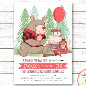 Lumberjack Invitations, Lumberjack Birthday Invitation, Flannel Birthday Invitation, Bear Birthday Invitation, Bear Invitation, Lumberjack