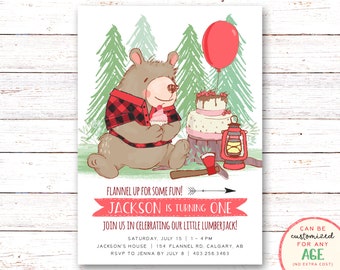 Lumberjack Invitations, Lumberjack Birthday Invitation, Flannel Birthday Invitation, Bear Birthday Invitation, Bear Invitation, Lumberjack