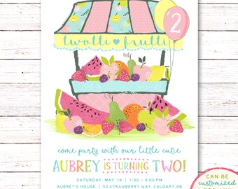 May include: A pink and blue fruit stand with a variety of fruits and vegetables. The stand has a sign that says "twotti frutti" and a balloon that says "2". The text below the stand says "come party with our little cutie Aubrey is turning two!" and includes details about the party, including the date, time, location, and RSVP information. The text at the bottom of the image says "CAN BE customized FOR ANY AGE (NO EXTRA COST)".