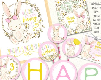 Bunny Party Printables, Bunny Party Decorations, Bunny Birthday Invitation, Bunny Party Decor, First Birthday Decoration, Girl Party Decor