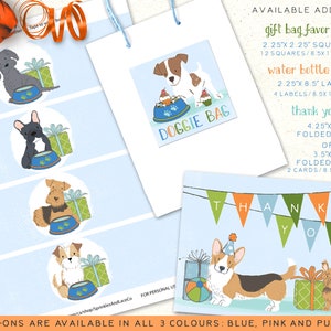 May include: Printable party favor tags, water bottle labels, and thank you cards featuring cute dog illustrations. The designs include a variety of dog breeds, including a French bulldog, a Jack Russell terrier, and a corgi. The text on the tags reads "Doggie Bag" and "Thank You".