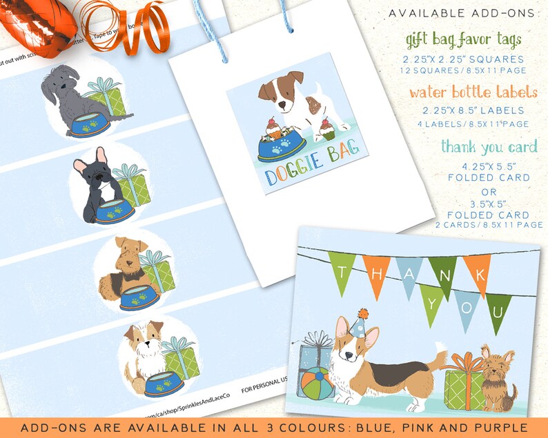 May include: Printable party favor tags, water bottle labels, and thank you cards featuring cute dog illustrations. The designs include a variety of dog breeds, including a French bulldog, a Jack Russell terrier, and a corgi. The text on the tags reads "Doggie Bag" and "Thank You".