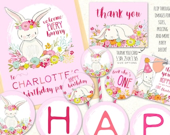 Bunny Party Printables, Bunny Party Decorations, Bunny Birthday Invitation, Bunny Party Decor, First Birthday Decoration, Girl Party Decor
