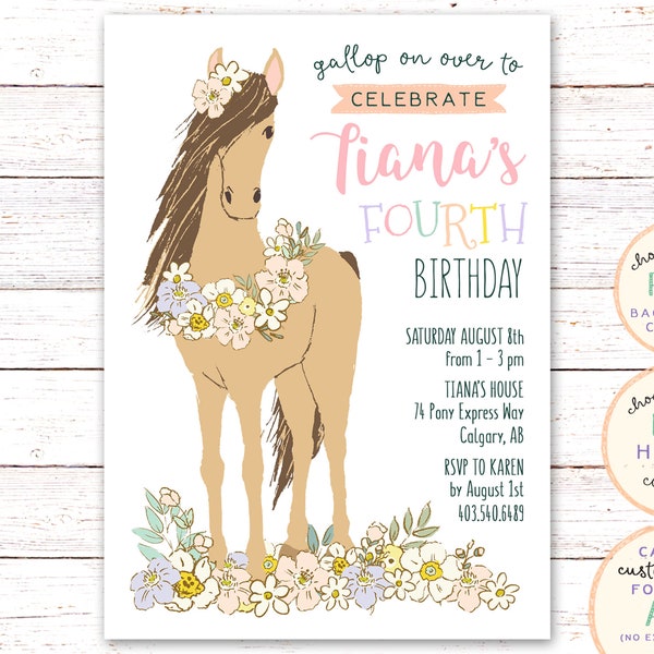 Faire-part d'anniversaire poney, invitation poney, invitation cheval, invitation d'anniversaire cheval, invitation cheval shabby chic, décorations de fête poney