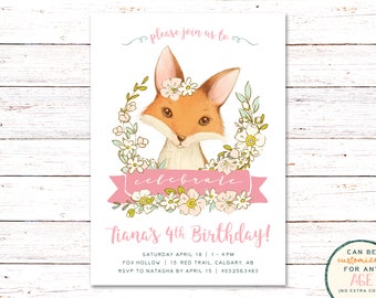 May include: A pink and white birthday invitation with a cartoon fox wearing a flower crown. The invitation says "Please join us to celebrate Tiana's 4th Birthday!" with details for the event below. The text "Can be customized for any age (no extra cost)" is in the bottom right corner.