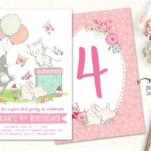 May include: Pink and white birthday invitation with a pink number 4 and a floral design. The invitation features a cartoon illustration of three kittens with balloons and butterflies. The text on the invitation reads "Join us for a puur-fect party to celebrate Sarah's 4th Birthday".