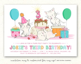 May include: A birthday invitation with a cartoon illustration of three cats celebrating a third birthday. The invitation features a pink, white, and green color scheme with a cake, presents, and balloons. The text on the invitation reads "Josie's Third Birthday!" and includes the date, time, and location of the party.