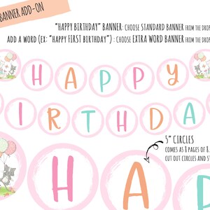May include: A printable birthday banner with pink and blue circles featuring the words "Happy Birthday" and cute illustrations of kittens. The banner comes with 8 pages of 8.5" x 11" PDFs and instructions to cut out the circles and string them together.