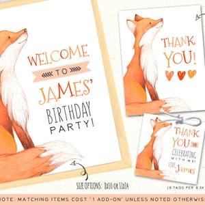 May include: Printable birthday party invitation featuring a cute fox illustration with the text "Welcome to James' Birthday Party!" and size options of 8x10 or 11x14 inches.