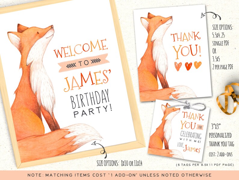 May include: Printable birthday party invitation featuring a cute fox illustration with the text "Welcome to James' Birthday Party!" and size options of 8x10 or 11x14 inches.