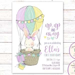 Bunny Invitation, Hot Air Balloon Invitation, Bunny Party Invitation, First Birthday Invitation, Girl Birthday Invitation, Up Up and Away