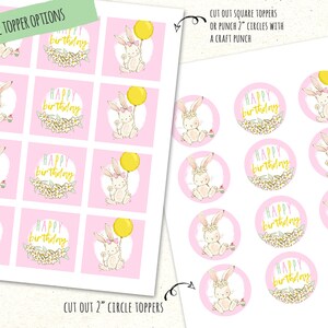Op de afbeelding: Printbare cupcake-toppers met een konijn dat een ballon vasthoudt met de tekst "Happy Birthday". De toppers zijn verkrijgbaar in twee maten: 5 cm cirkels en vierkante toppers.