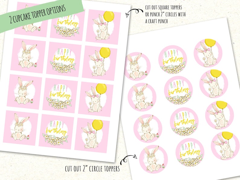 Op de afbeelding: Printbare cupcake-toppers met een konijn dat een ballon vasthoudt met de tekst "Happy Birthday". De toppers zijn verkrijgbaar in twee maten: 5 cm cirkels en vierkante toppers.