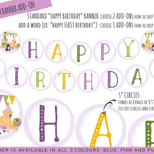 May include: Printable DIY banner with the words "Happy Birthday" in colorful circles. The banner is designed with a dog theme and includes instructions to cut out the circles and string them together. The banner is available in blue, pink, and purple.