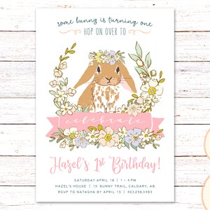 Invito di compleanno stampabile a forma di coniglietto, invito di compleanno a forma di coniglietto, invito per il primo compleanno, invito di compleanno a forma di coniglio, invito per la festa a forma di coniglietto