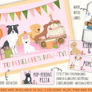 May include: A pink and green welcome sign with the text "Welcome to Penelope's Paw-ty!" featuring cartoon dogs and a birthday cake.  The sign is 8x10 or 11x14 inches.  There are also printable food labels with dog illustrations and the text "Pup-Peroni Pizza", "Kibbles & Bits", and "Pupcakes".