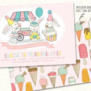 May include: A pink and white invitation card with a cartoon illustration of two bunnies at an ice cream stand. The text reads "Join us for a sweet celebration Eloise is turning one! Saturday June 10 from 1-3pm 2012 45 Ave SW, Calgary, AB RSVP to Jessica by June 5 403.256.3463".