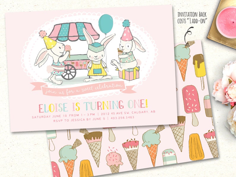 May include: A pink and white invitation card with a cartoon illustration of two bunnies at an ice cream stand. The text reads "Join us for a sweet celebration Eloise is turning one! Saturday June 10 from 1-3pm 2012 45 Ave SW, Calgary, AB RSVP to Jessica by June 5 403.256.3463".