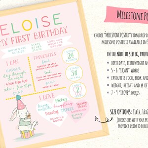 May include: A pink and green milestone poster for a first birthday. The poster features a cute bunny rabbit illustration and includes details like the child's birth date, weight, height, favorite foods, books, and activities. The poster is titled "Eloise My First Birthday".