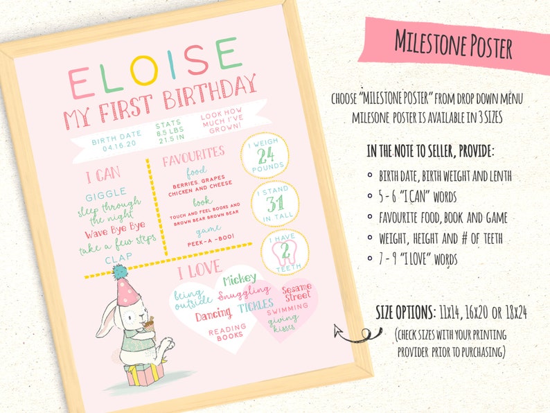 May include: A pink and green milestone poster for a first birthday. The poster features a cute bunny rabbit illustration and includes details like the child's birth date, weight, height, favorite foods, books, and activities. The poster is titled "Eloise My First Birthday".