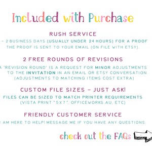 May include: Text graphic with the words "Included with Purchase" in colorful letters. The text describes the services included with a purchase, such as rush service, free revisions, custom file sizes, and friendly customer service. The text also includes the phrase "check out the FAQs".