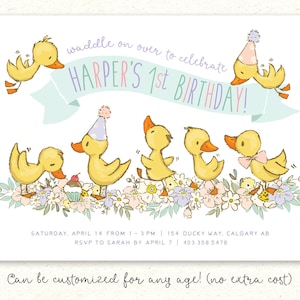 Ducky Printable Invitation, Duck Invitation, First Birthday Invitation, Duckling Invite, Girl Birthday Invitation, Ducky Birthday Invitation