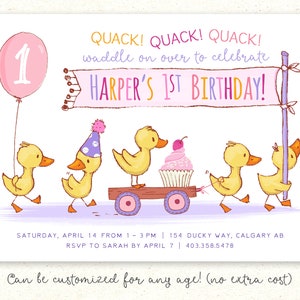 Ducky druckbare Einladung, Ente Einladung, erster Geburtstag Einladung, Entlein einladen, Mädchen-Geburtstags-Einladung, Ducky Party Dekoration