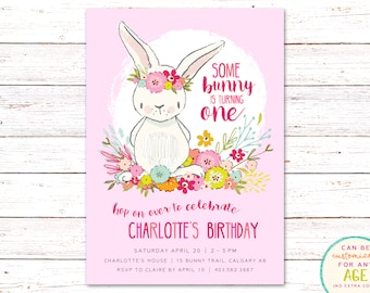 Bunny Invitation, Bunny Invite, Bunny Party Invitation, First Birthday Invitation, Girl Birthday Invitation, Rabbit Invite,  Bunny Invite