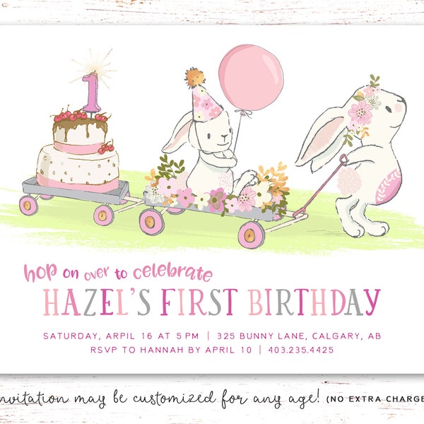 Printable Bunny Birthday Invitation, Bunny Birthday Invite, First Birthday Invitation, Rabbit Birthday Invitation, Bunny Party Decorations