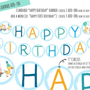 Może przedstawiać: Drukowana, samodzielnie wykonana girlanda urodzinowa z k&oacute;ł o średnicy 12,7 cm, na kt&oacute;rych widnieje napis "Happy Birthday" w niebieskich, ż&oacute;łtych i zielonych literach. Koła są wydrukowane na papierze o wymiarach 21,6 x 27,9 cm i można je wyciąć i połączyć ze sobą.