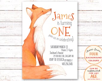 May include: A printable invitation for a first birthday party featuring a watercolor illustration of a fox. The invitation is for James's first birthday party and includes the date, time, and location of the party. The text on the invitation reads "James is turning ONE. Join us in celebrating! Saturday March 11 from 1-4pm Jackson's house 29 Fox Hole Dr, Calgary AB RSVP to Jessica by March 7 403.256.2485".