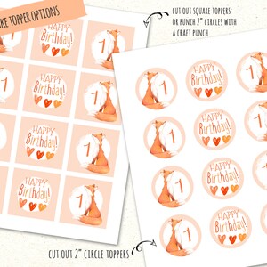 May include: Printable cupcake toppers featuring a fox illustration with the text "Happy Birthday!" and the number "1". The toppers are available in two sizes: 2 inch circles and square toppers.