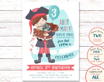 Puede incluir: Ahoy Matey! Una invitación de cumpleaños colorida para una fiesta de cumpleaños número 3 con temática de piratas. La invitación presenta a un pirata de dibujos animados sosteniendo un cofre del tesoro. El texto de la invitación dice "Ahoy Matey! Shiver me timbers, ye be invited to join the crew to celebrate Noah's 3rd Birthday!"