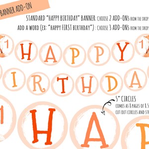 May include: A printable birthday banner with orange and yellow letters that spell out "Happy Birthday". The banner includes fox illustrations and the number "1" on some of the circles. The banner is designed to be cut out and strung together.