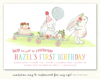 Bunny Birthday Invitation, Bunny Birthday Decorations, First Birthday Invitation, Summer Birthday Invitation, Rabbit Birthday Invitation,
