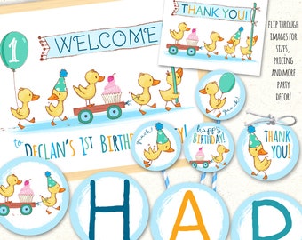 May include: A set of printable party decorations featuring a blue and yellow color scheme with a duck theme. The set includes a welcome sign, a happy birthday sign, thank you tags, and a banner that says "HAD".