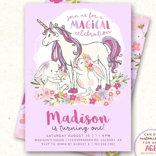 Unicorn Birthday Invitation, Unicorn Bunny Invitation, First Birthday Invitation, Girls Birthday Invitation, Enchanted Forest Invitation