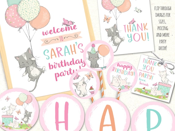 Kitten Party Printables, Kitty Party Decorations, Kitten Birthday Invitation, Kitty Party Decor, First Birthday Decoration, Girl Party Decor