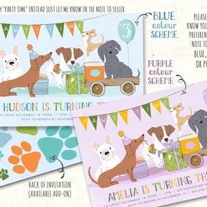 May include: Two printable invitations for a dog-themed third birthday party. The invitations feature a cartoon illustration of four dogs pulling a wagon with presents. The text on the invitations reads "Hudson is turning three!" and "Amelia is turning three!" The invitations are available in blue, pink, or purple color schemes.